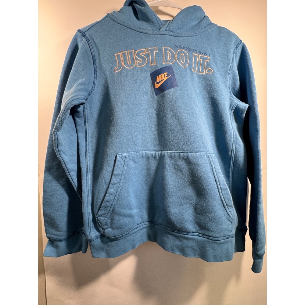 Nike Just Do It Pullover Hoodie Kids Large Blue Fleece VTG Style Sportswear Logo